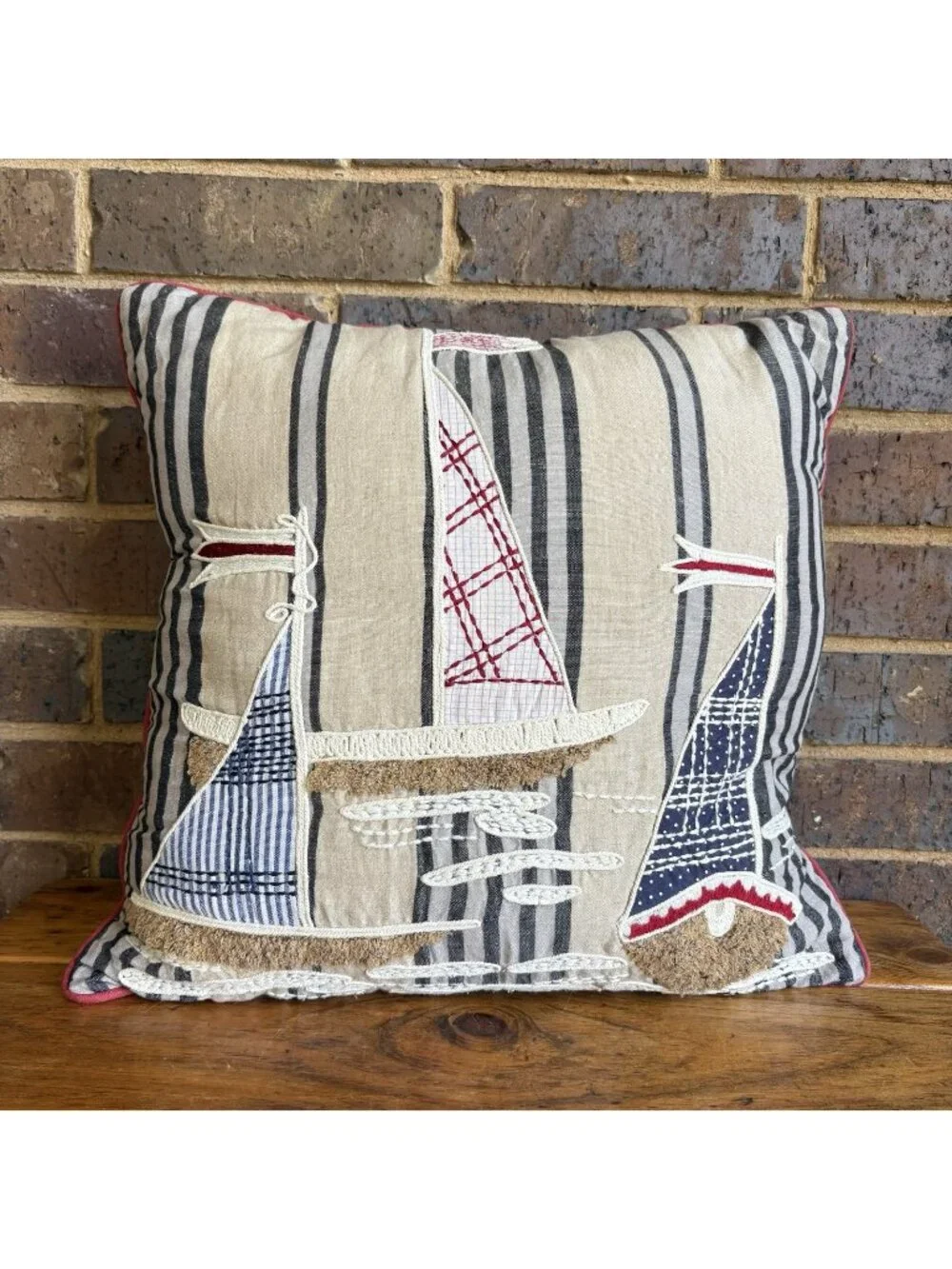 PIER 1 Pillow Embroidered Sail Boats 18x18 Coastal Beach Nautical Cottage Beach